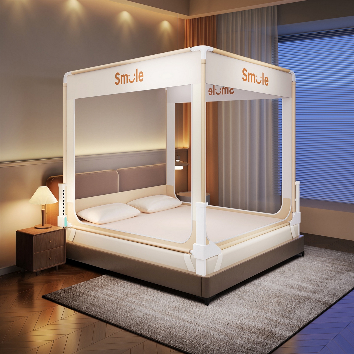 91家纺网 家纺一手货源 找家纺 佳梦家纺 2026春夏新款护栏级防摔坐床蚊帐smile系列 smile黄-三门全底款