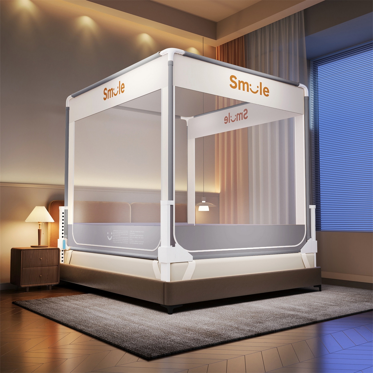 佳梦家纺 2026春夏新款护栏级防摔坐床蚊帐smile系列 smile灰-三门全底款