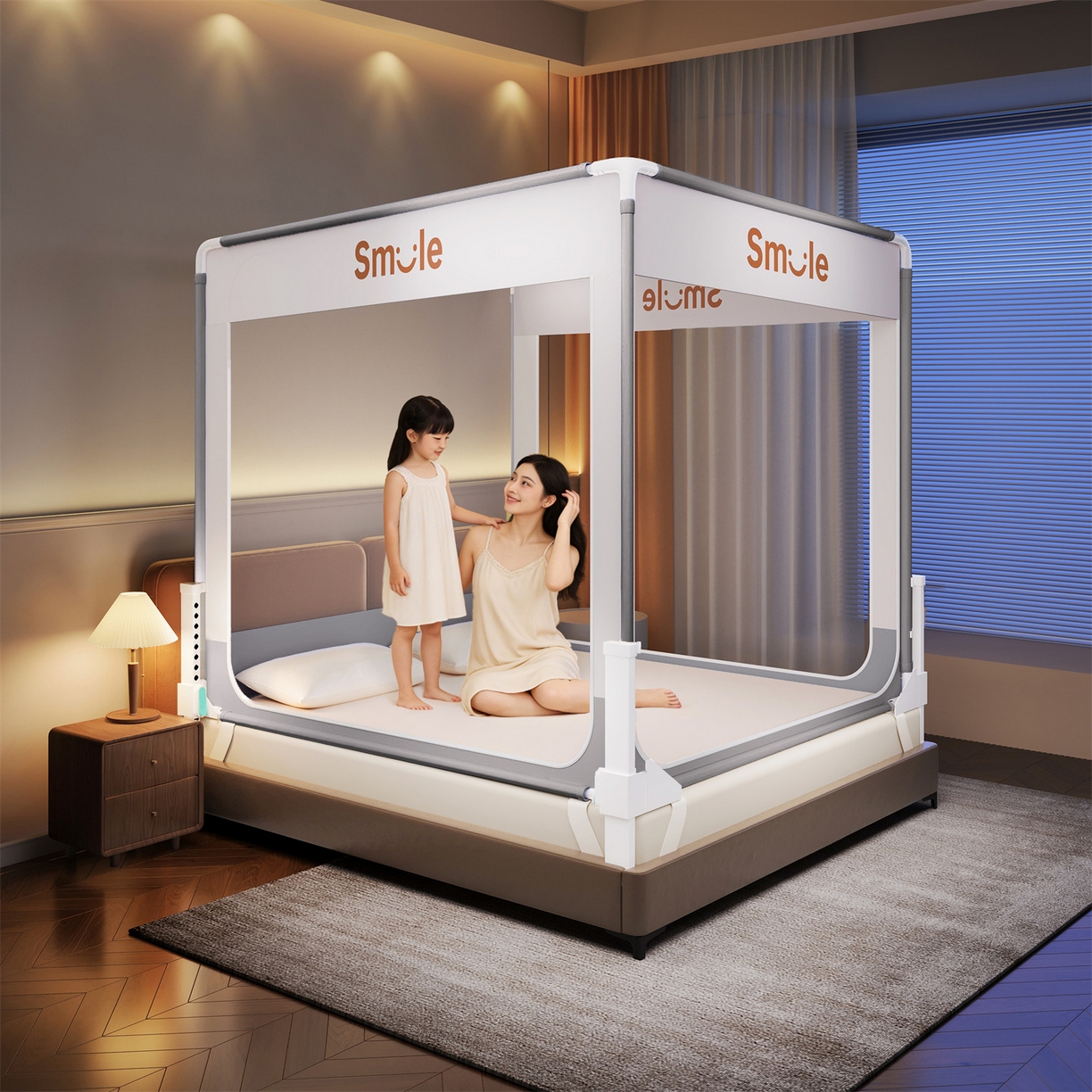 91家纺网 家纺一手货源 找家纺 佳梦家纺 2026春夏新款护栏级防摔坐床蚊帐smile系列 smile灰-三门全底款