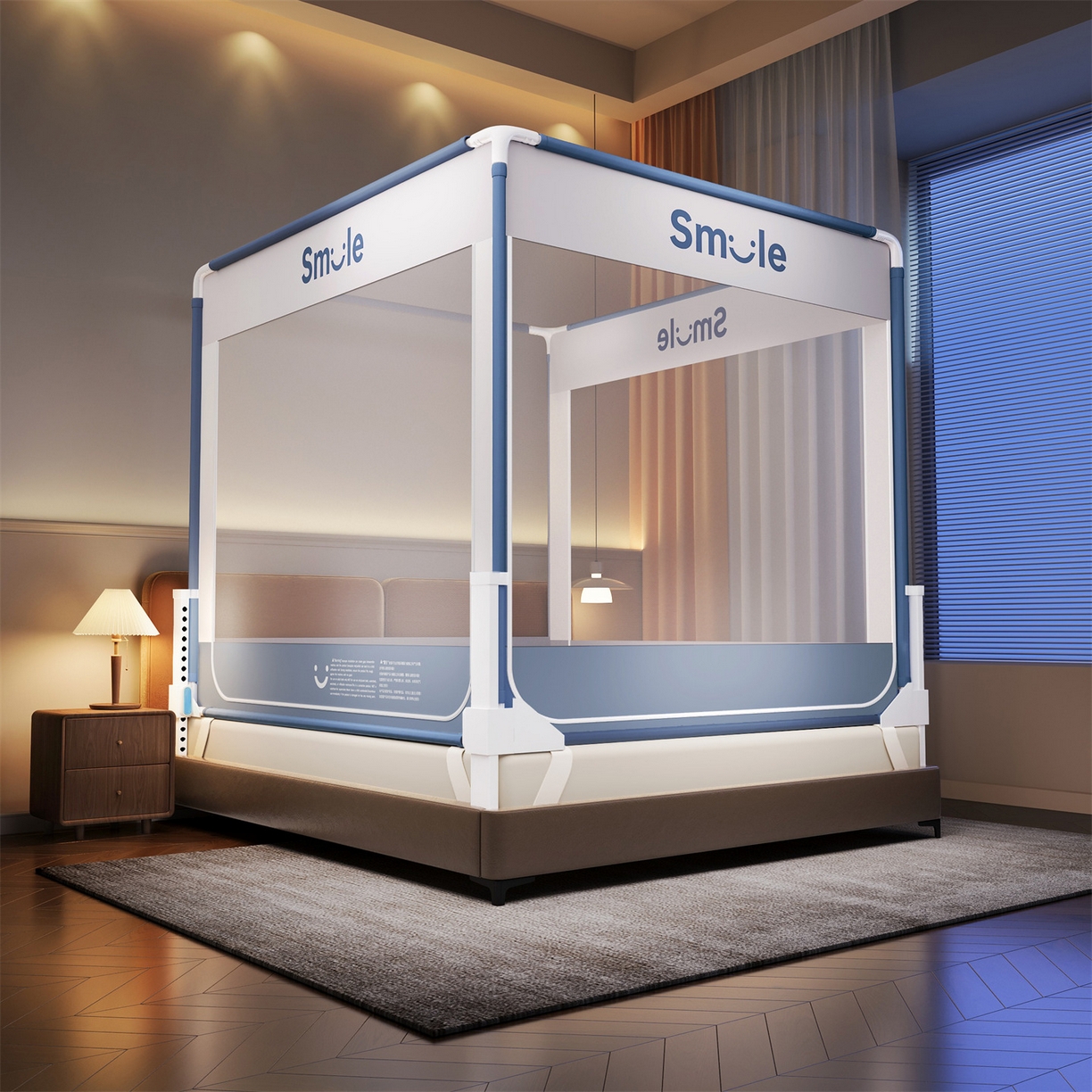 佳梦家纺 2026春夏新款护栏级防摔坐床蚊帐smile系列 smile蓝-三门全底款
