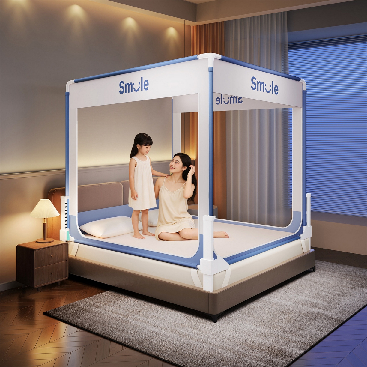 91家纺网 家纺一手货源 找家纺 佳梦家纺 2026春夏新款护栏级防摔坐床蚊帐smile系列 smile蓝-三门全底款