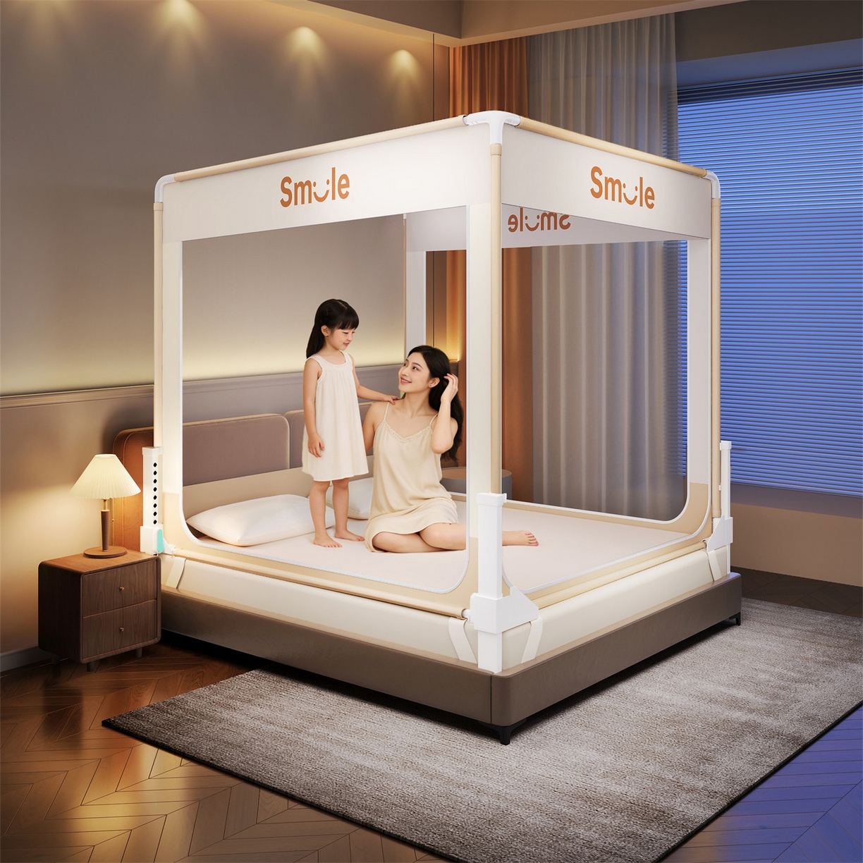 91家纺网 家纺一手货源 找家纺 佳梦家纺 2026春夏新款护栏级防摔坐床蚊帐smile系列 smile黄-三门床笠款