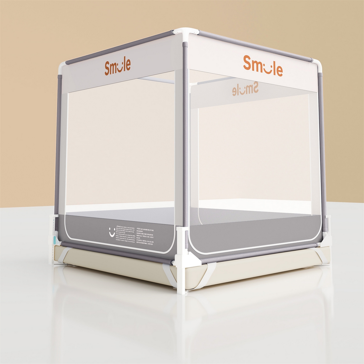 91家纺网 家纺一手货源 找家纺 佳梦家纺 2026春夏新款护栏级防摔坐床蚊帐smile系列 smile灰-三门床笠款