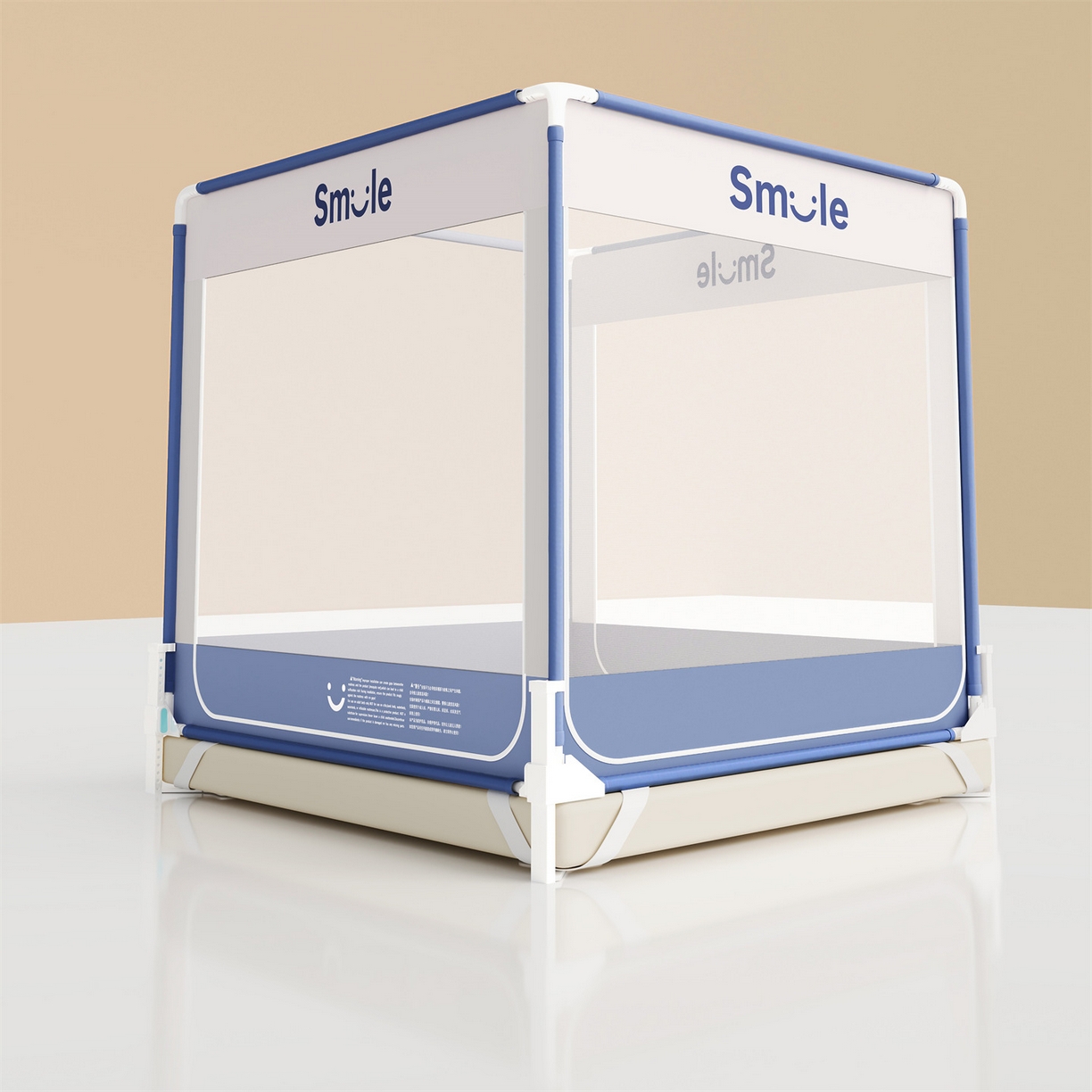 91家纺网 家纺一手货源 找家纺 佳梦家纺 2026春夏新款护栏级防摔坐床蚊帐smile系列 smile蓝-三门床笠款