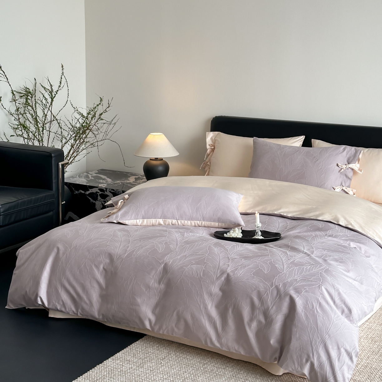 91家纺网 家纺一手货源 找家纺 FORTWO家纺原创设计（FOR TWO家纺） 2026春夏新款60支全棉纯棉立体浮雕提花四件套 素灰叶影