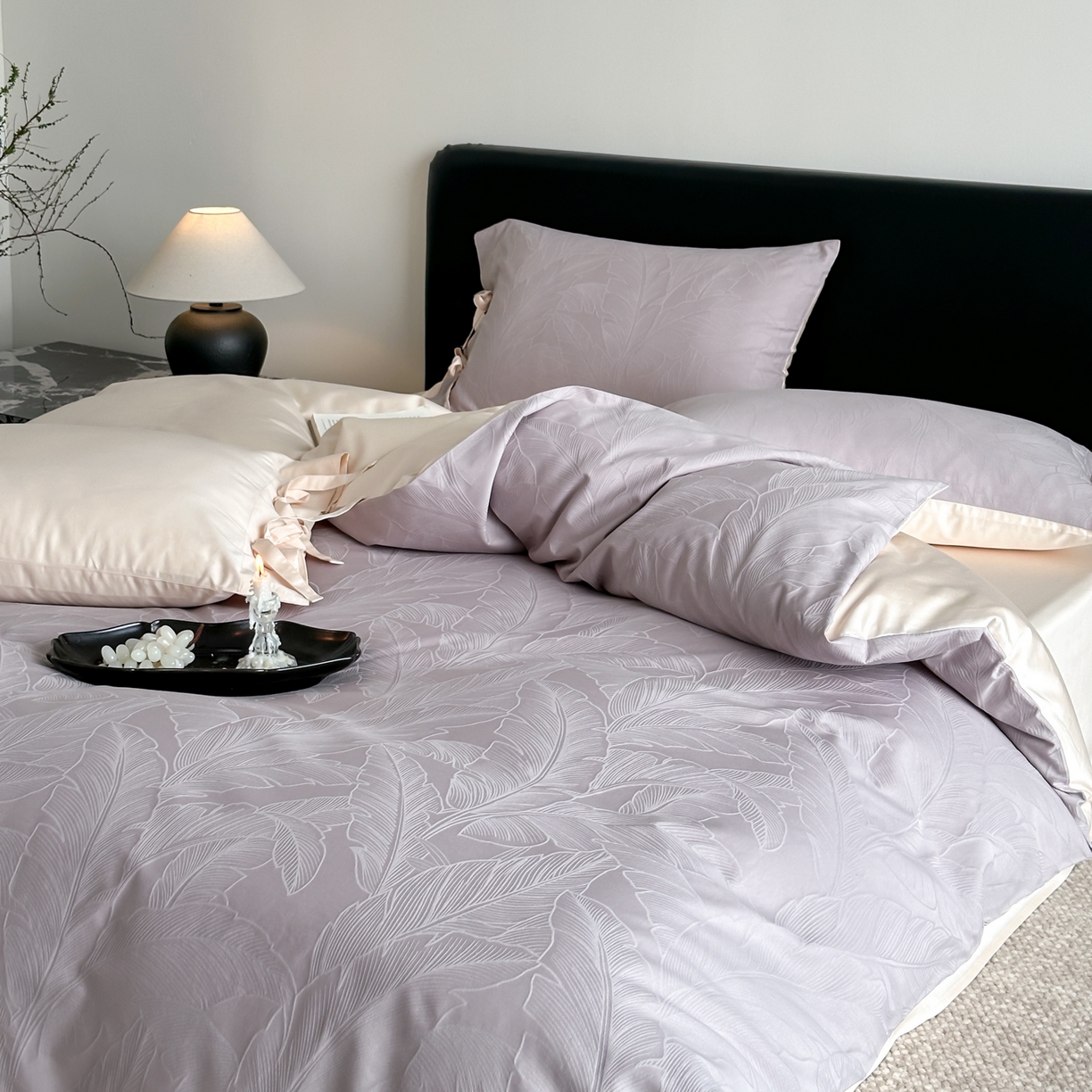 91家纺网 家纺一手货源 找家纺 FORTWO家纺原创设计（FOR TWO家纺） 2026春夏新款60支全棉纯棉立体浮雕提花四件套 素灰叶影