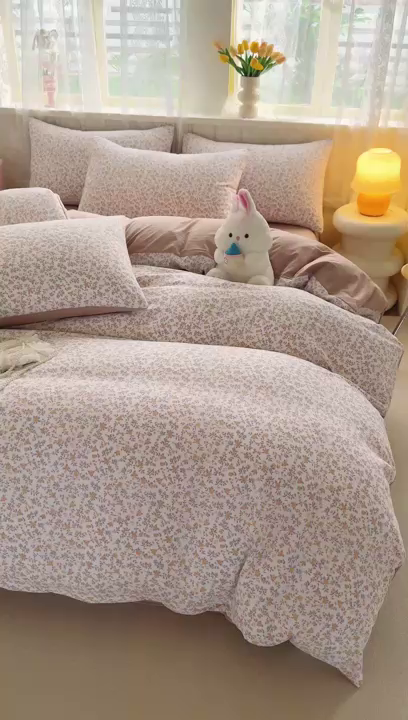 91家纺网 家纺一手货源 找家纺 简冠家纺 2026新款仿棉水洗棉四件套 花语梦
