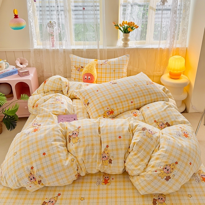 91家纺网 家纺一手货源 找家纺 简冠家纺 2026新款仿棉水洗棉四件套 小精灵黄