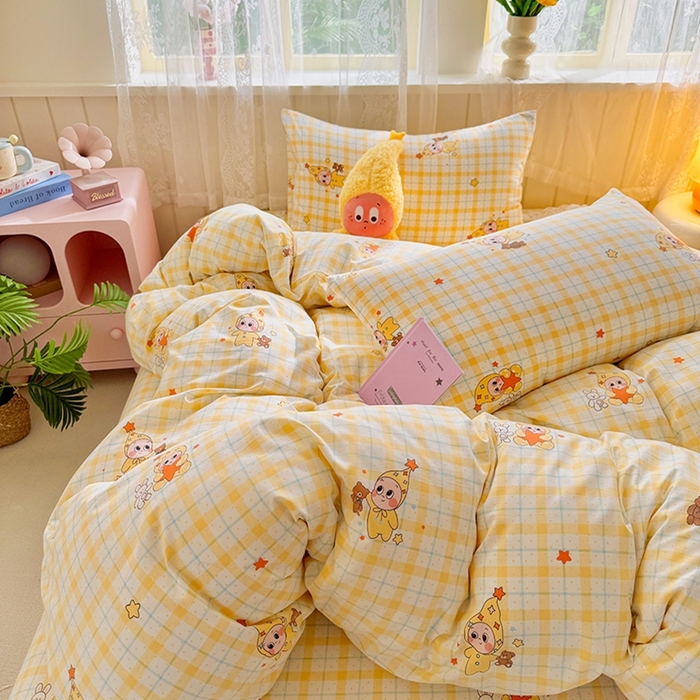 91家纺网 家纺一手货源 找家纺 简冠家纺 2026新款仿棉水洗棉四件套 小精灵黄