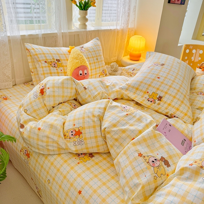 91家纺网 家纺一手货源 找家纺 简冠家纺 2026新款仿棉水洗棉四件套 小精灵黄