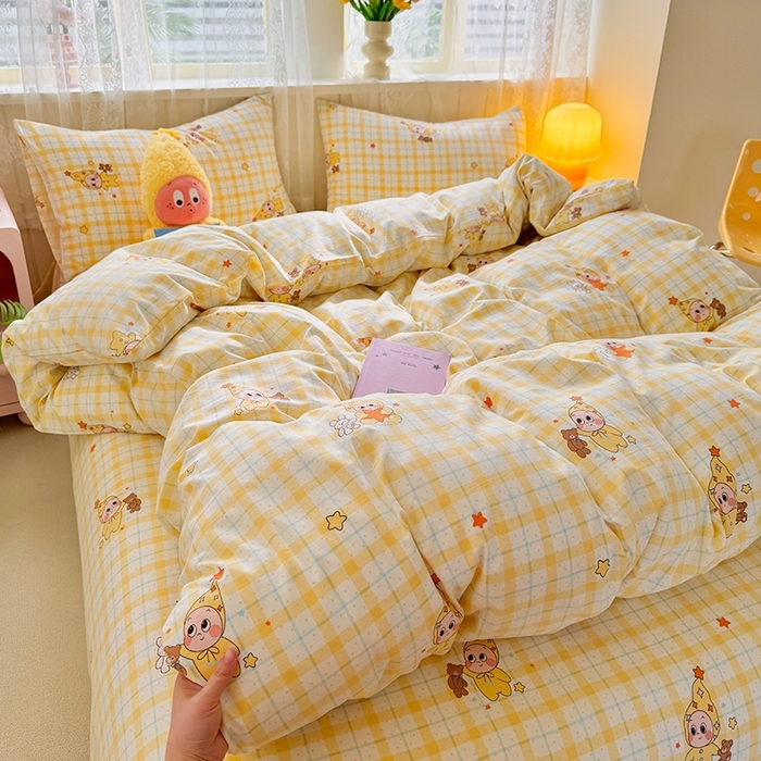 91家纺网 家纺一手货源 找家纺 简冠家纺 2026新款仿棉水洗棉四件套 小精灵黄