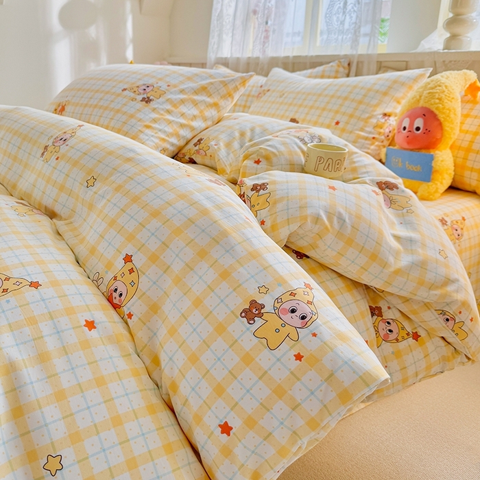 91家纺网 家纺一手货源 找家纺 简冠家纺 2026新款仿棉水洗棉四件套 小精灵黄