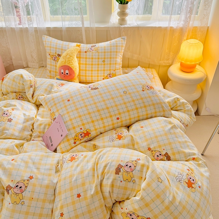 91家纺网 家纺一手货源 找家纺 简冠家纺 2026新款仿棉水洗棉四件套 小精灵黄