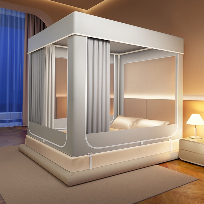 佳梦家纺 2026春夏新款护栏级防摔坐床蚊帐永夜系列 永夜灰-无帘款三门半底