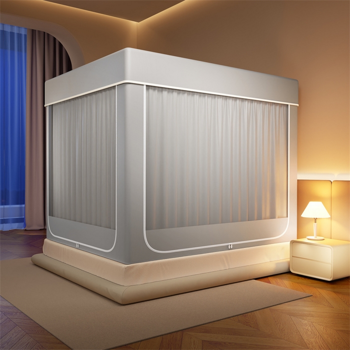 91家纺网 家纺一手货源 找家纺 佳梦家纺 2026春夏新款护栏级防摔坐床蚊帐永夜系列 永夜灰-无帘款三门半底