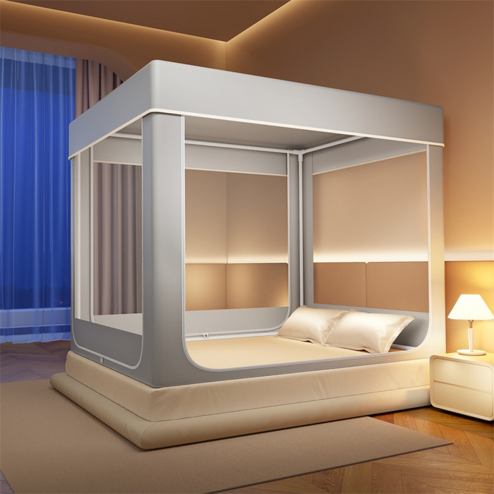 91家纺网 家纺一手货源 找家纺 佳梦家纺 2026春夏新款护栏级防摔坐床蚊帐永夜系列 永夜灰-无帘款三门半底