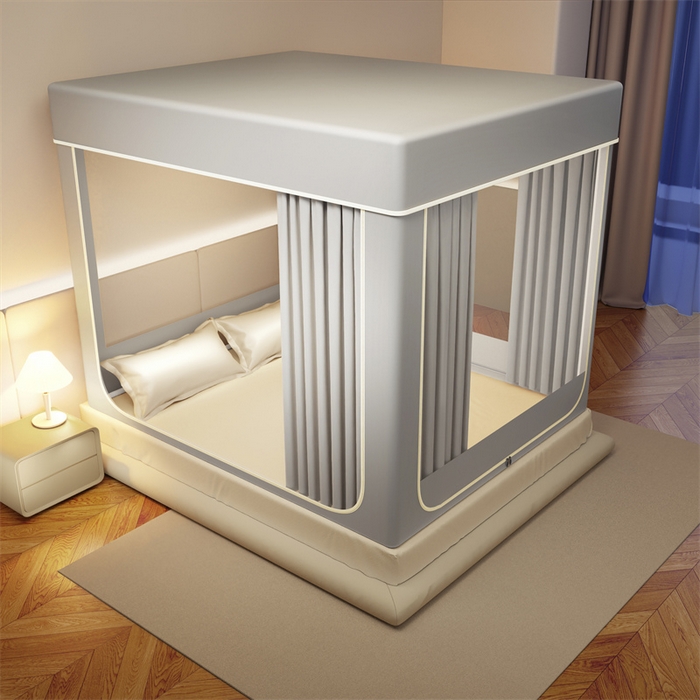 91家纺网 家纺一手货源 找家纺 佳梦家纺 2026春夏新款护栏级防摔坐床蚊帐永夜系列 永夜灰-无帘款三门半底