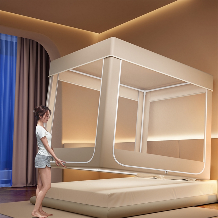 91家纺网 家纺一手货源 找家纺 佳梦家纺 2026春夏新款护栏级防摔坐床蚊帐永夜系列 永夜米-无帘款三门半底