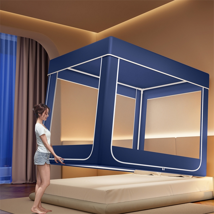 91家纺网 家纺一手货源 找家纺 佳梦家纺 2026春夏新款护栏级防摔坐床蚊帐永夜系列 永夜蓝-防尘款三门半底