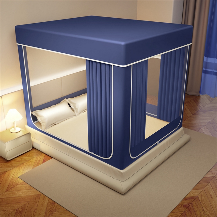 91家纺网 家纺一手货源 找家纺 佳梦家纺 2026春夏新款护栏级防摔坐床蚊帐永夜系列 永夜蓝-防尘款三门半底