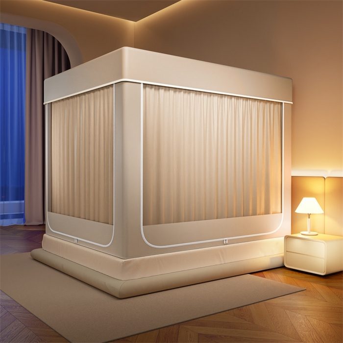 91家纺网 家纺一手货源 找家纺 佳梦家纺 2026春夏新款护栏级防摔坐床蚊帐永夜系列 永夜米-防尘款三门半底