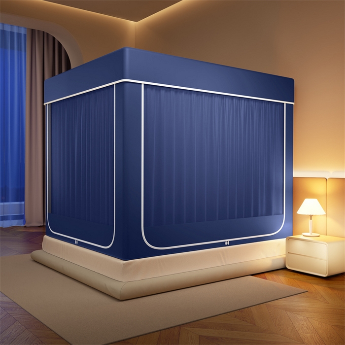 91家纺网 家纺一手货源 找家纺 佳梦家纺 2026春夏新款护栏级防摔坐床蚊帐永夜系列 永夜蓝-夹棉款三门半底