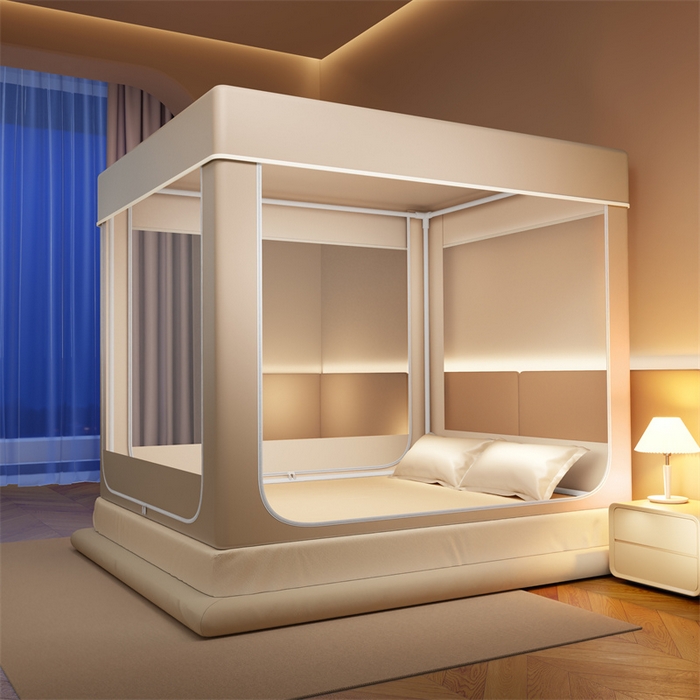 91家纺网 家纺一手货源 找家纺 佳梦家纺 2026春夏新款护栏级防摔坐床蚊帐永夜系列 永夜米-夹棉款三门半底