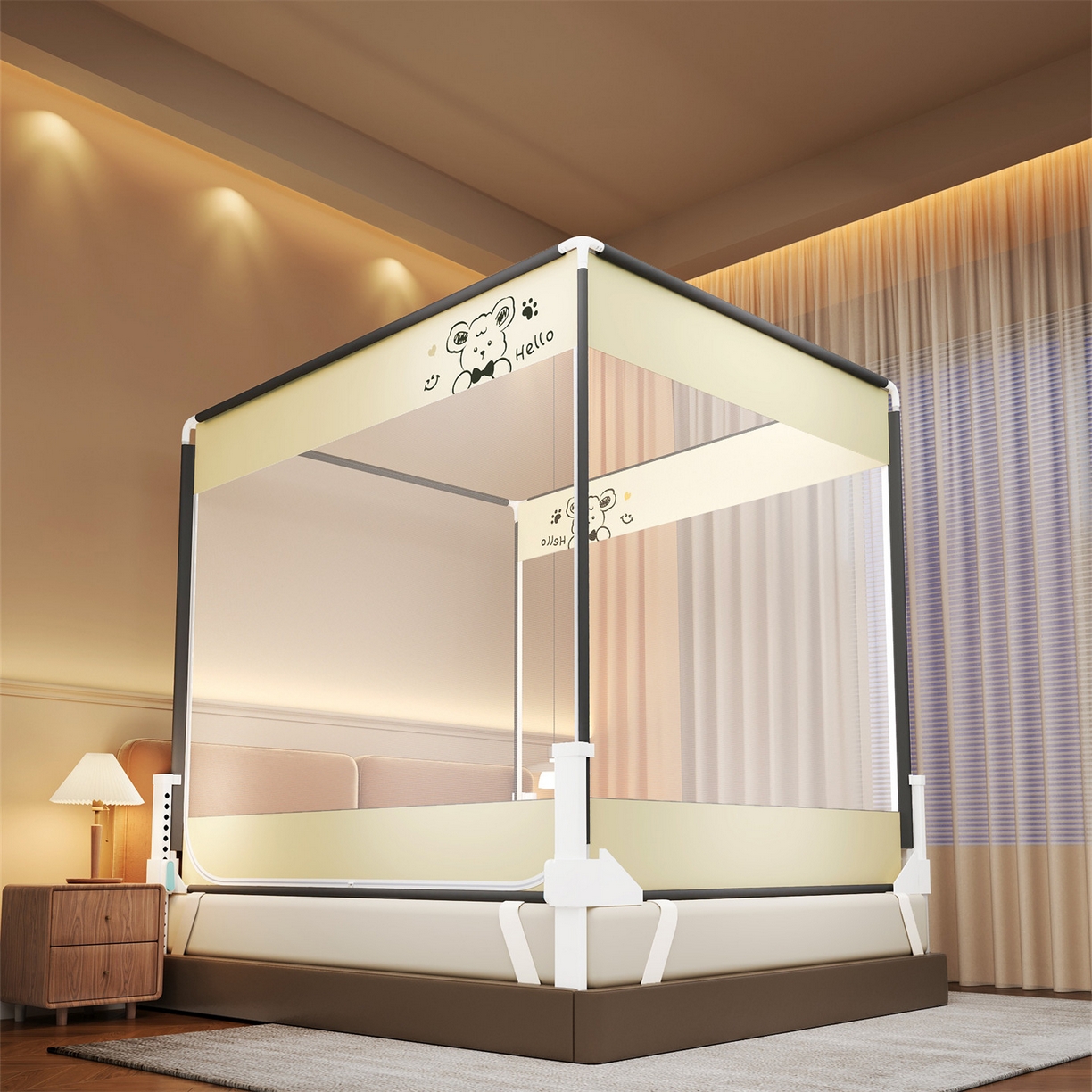 佳梦家纺 2026春夏新款护栏级防摔坐床蚊帐小卡通系列 快乐Halo熊-三门全底款