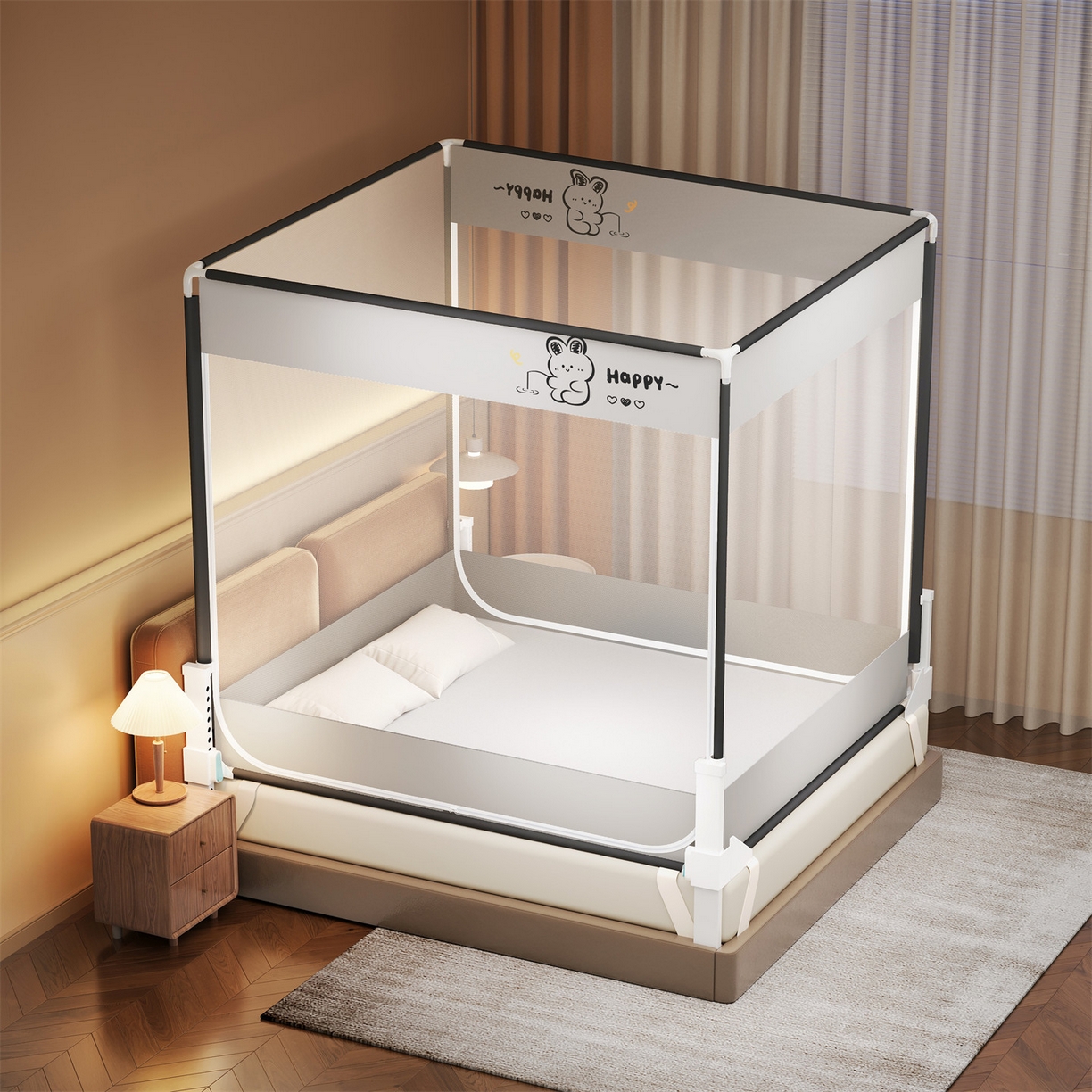 91家纺网 家纺一手货源 找家纺 佳梦家纺 2026春夏新款护栏级防摔坐床蚊帐小卡通系列 快乐钓鱼兔三门全底款