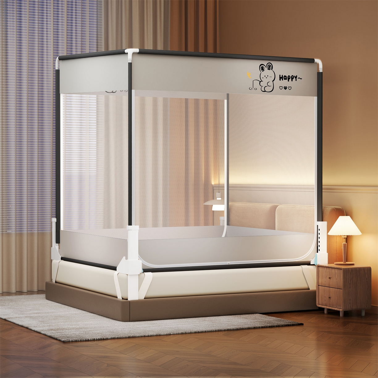 91家纺网 家纺一手货源 找家纺 佳梦家纺 2026春夏新款护栏级防摔坐床蚊帐小卡通系列 快乐钓鱼兔三门全底款