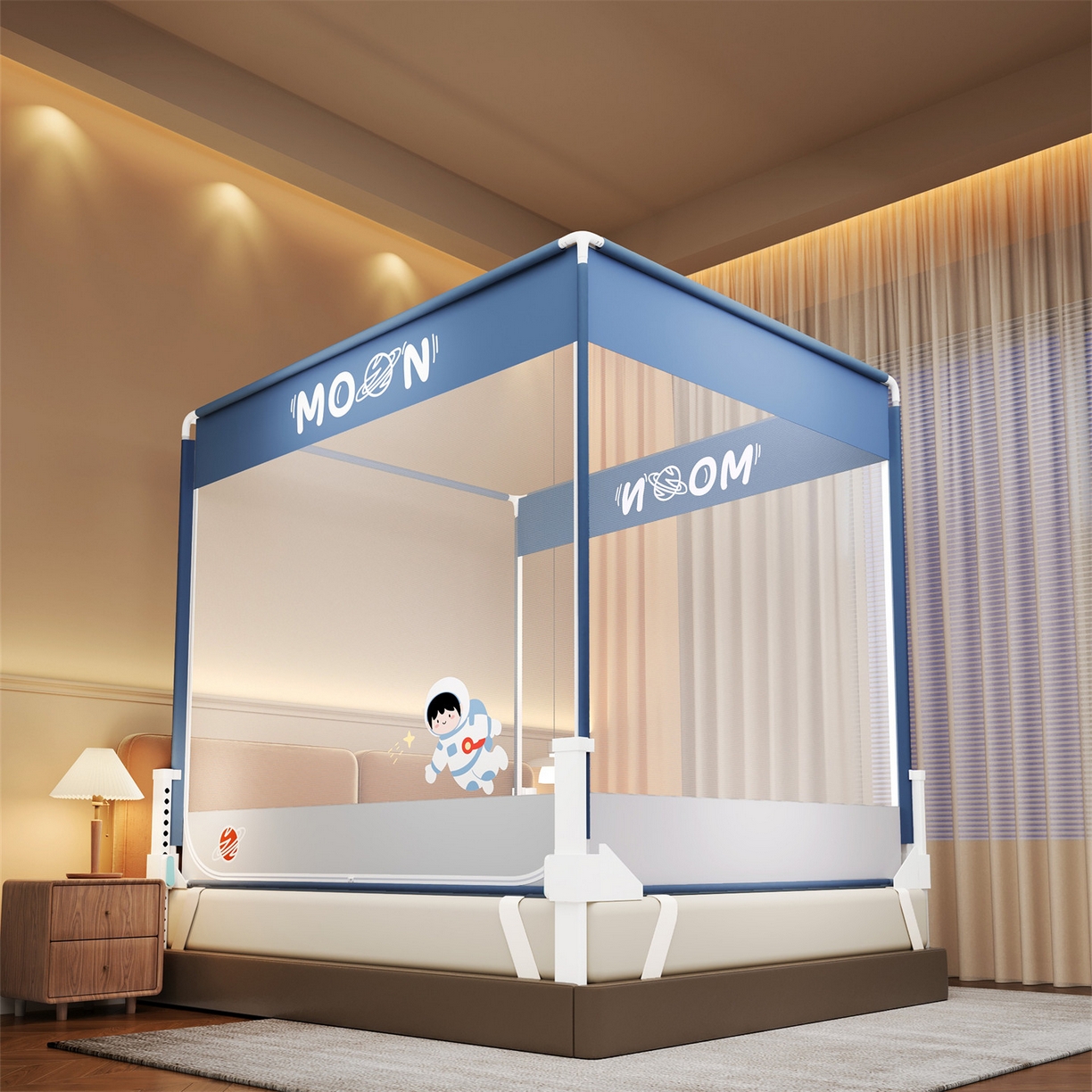 91家纺网 家纺一手货源 找家纺 佳梦家纺 2025新款印花大顶免安装蚊帐 太空蓝布三角