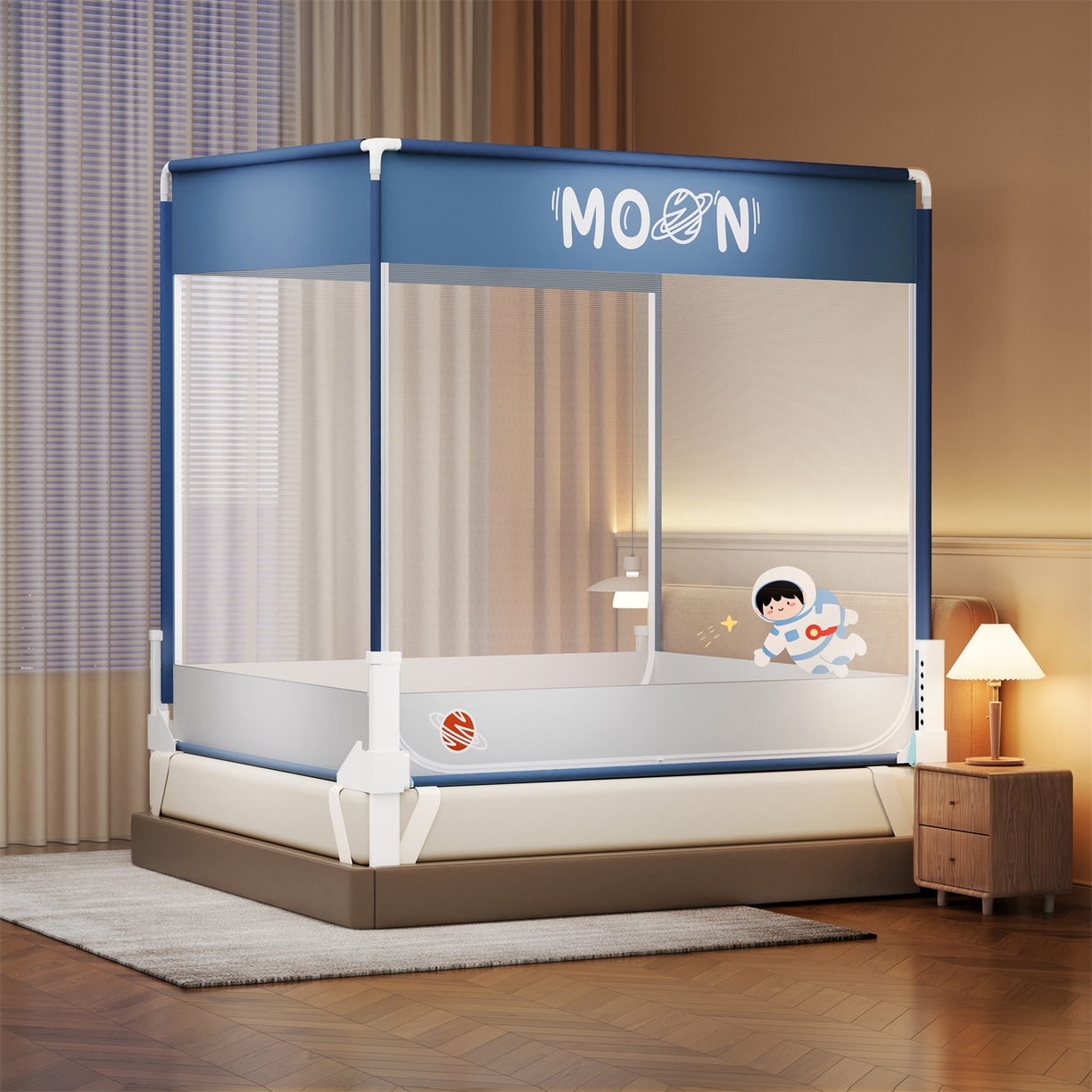 91家纺网 家纺一手货源 找家纺 （总）佳梦家纺 2026春夏新款护栏级防摔坐床蚊帐柠檬烫画系列