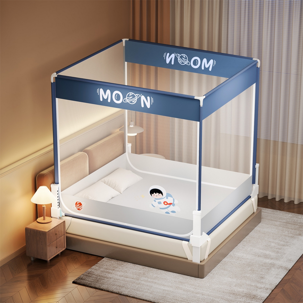 91家纺网 家纺一手货源 找家纺 （总）佳梦家纺 2026春夏新款护栏级防摔坐床蚊帐柠檬烫画系列