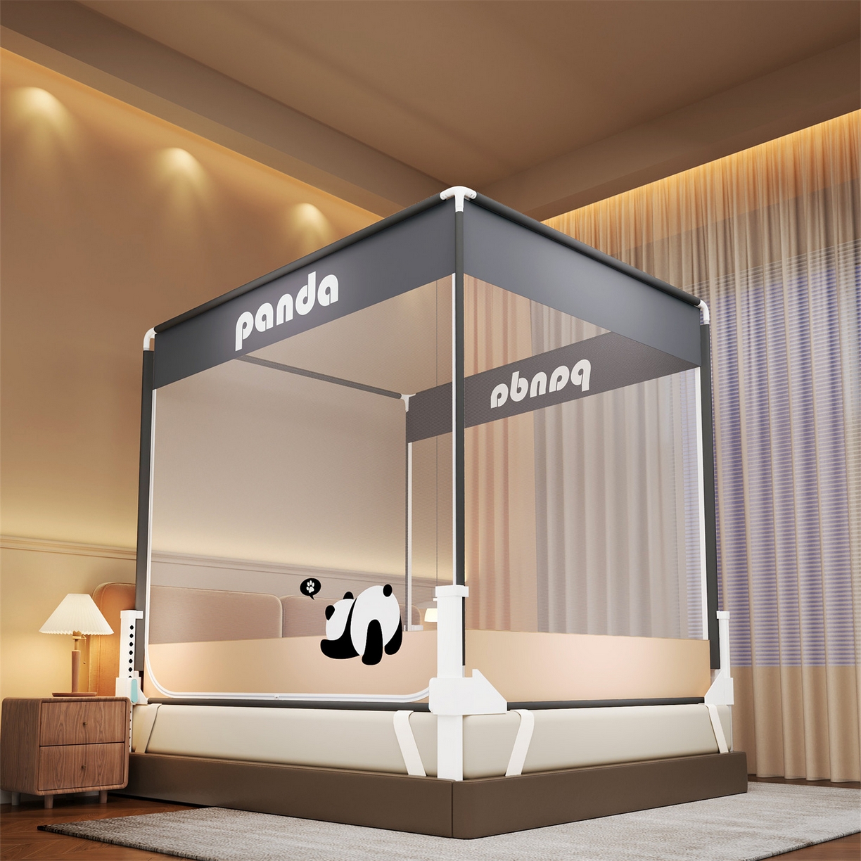 佳梦家纺 2026春夏新款护栏级防摔坐床蚊帐柠檬烫画系列 福宝趴趴-三门全底款