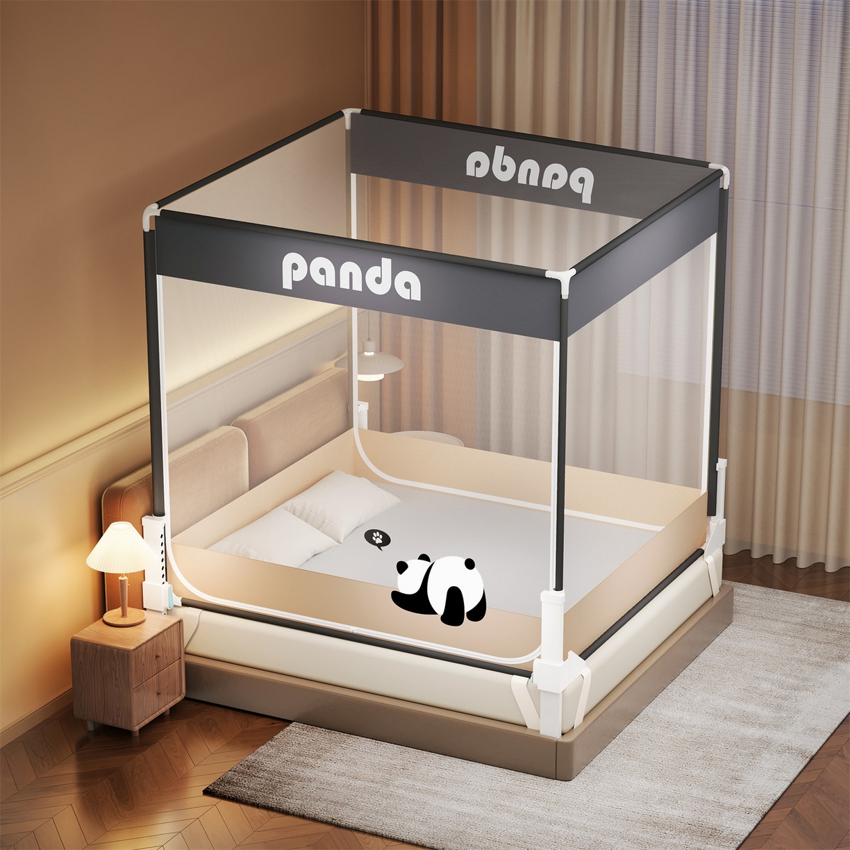 91家纺网 家纺一手货源 找家纺 佳梦家纺 2026春夏新款护栏级防摔坐床蚊帐柠檬烫画系列 福宝趴趴-三门全底款