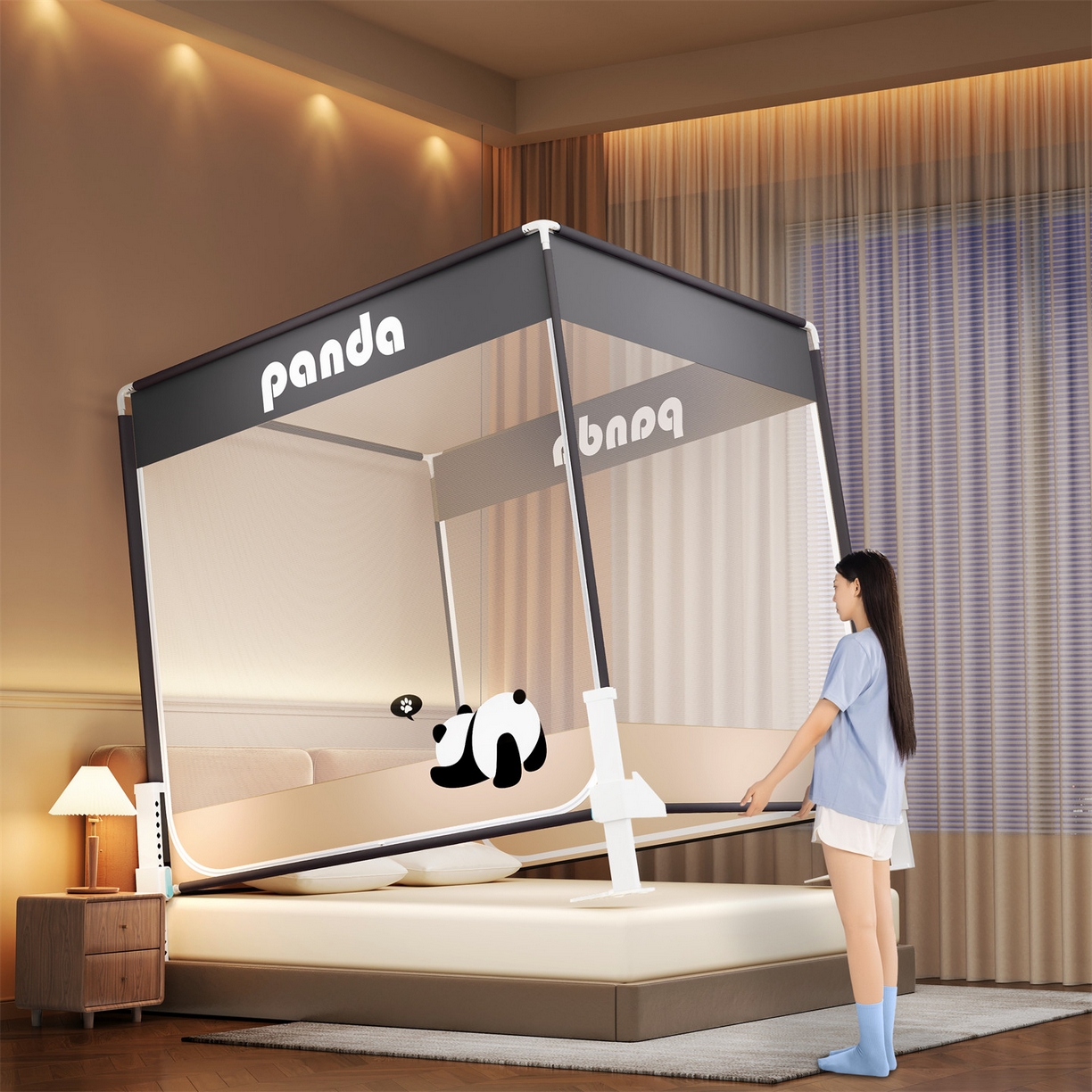 91家纺网 家纺一手货源 找家纺 佳梦家纺 2026春夏新款护栏级防摔坐床蚊帐柠檬烫画系列 福宝趴趴-三门全底款