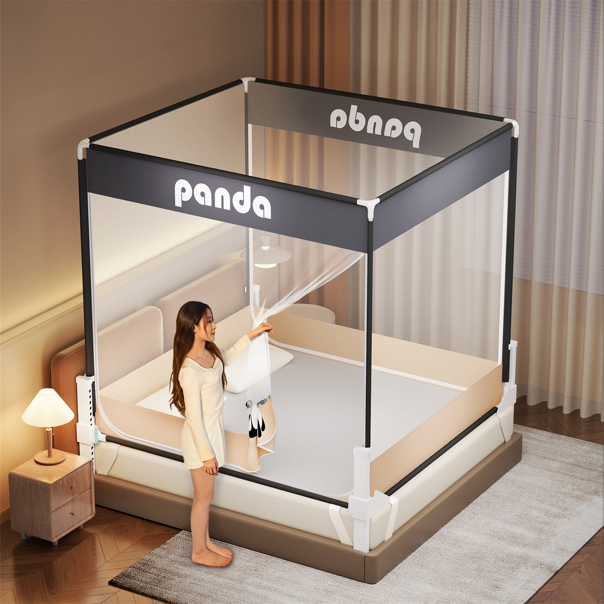 91家纺网 家纺一手货源 找家纺 佳梦家纺 2026春夏新款护栏级防摔坐床蚊帐柠檬烫画系列 福宝趴趴-三门全底款