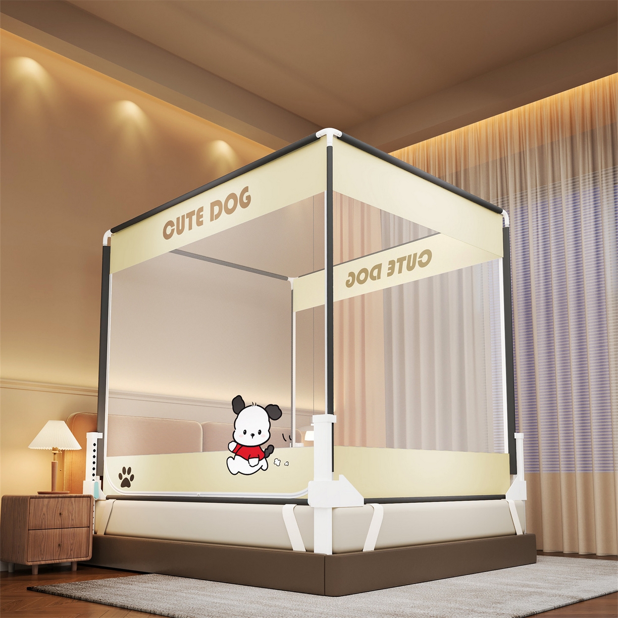 佳梦家纺 2026春夏新款护栏级防摔坐床蚊帐柠檬烫画系列 洛可可-三门全底款