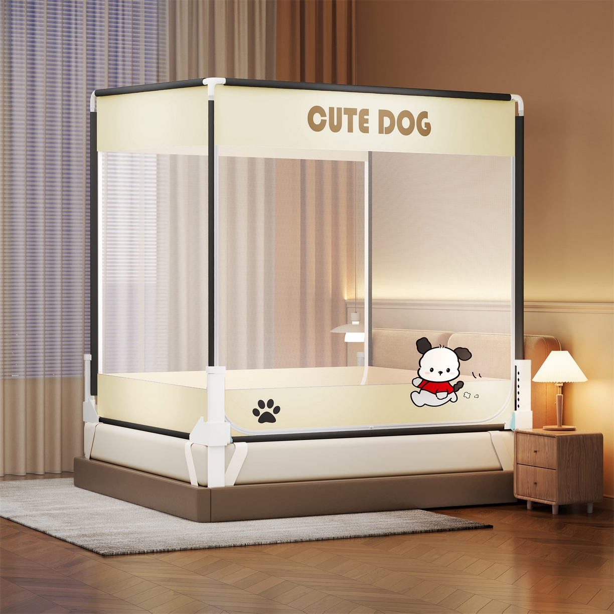 91家纺网 家纺一手货源 找家纺 佳梦家纺 2026春夏新款护栏级防摔坐床蚊帐柠檬烫画系列 洛可可-三门全底款