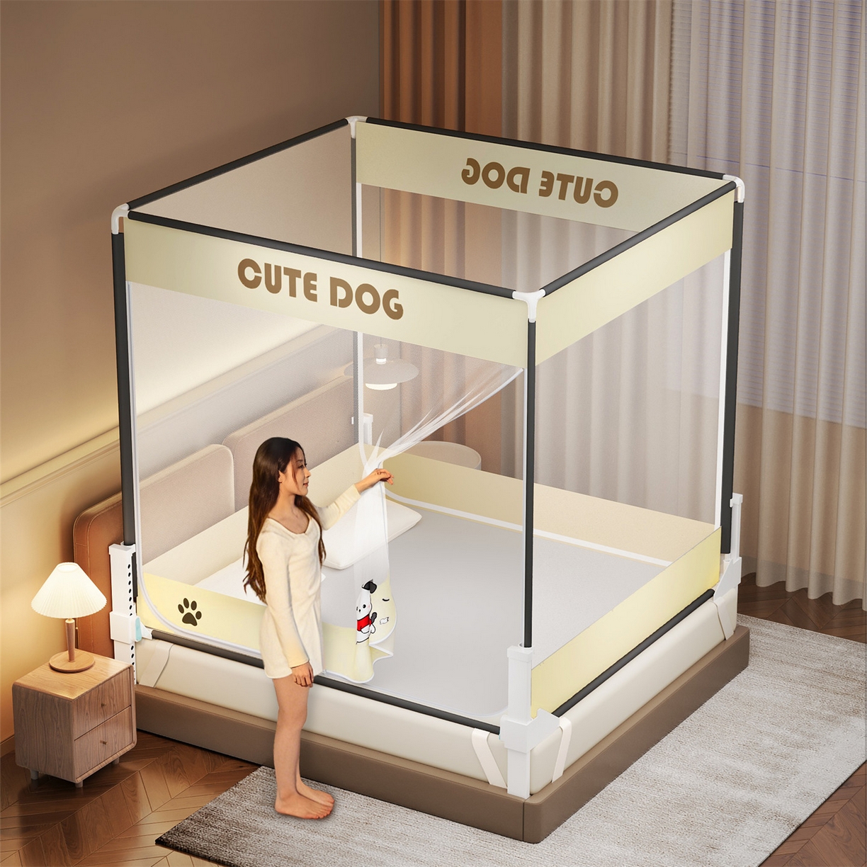 91家纺网 家纺一手货源 找家纺 佳梦家纺 2026春夏新款护栏级防摔坐床蚊帐柠檬烫画系列 洛可可-三门全底款