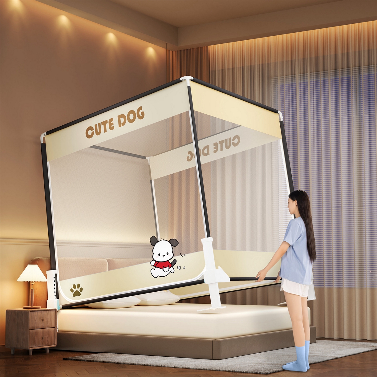 91家纺网 家纺一手货源 找家纺 佳梦家纺 2026春夏新款护栏级防摔坐床蚊帐柠檬烫画系列 洛可可-三门全底款