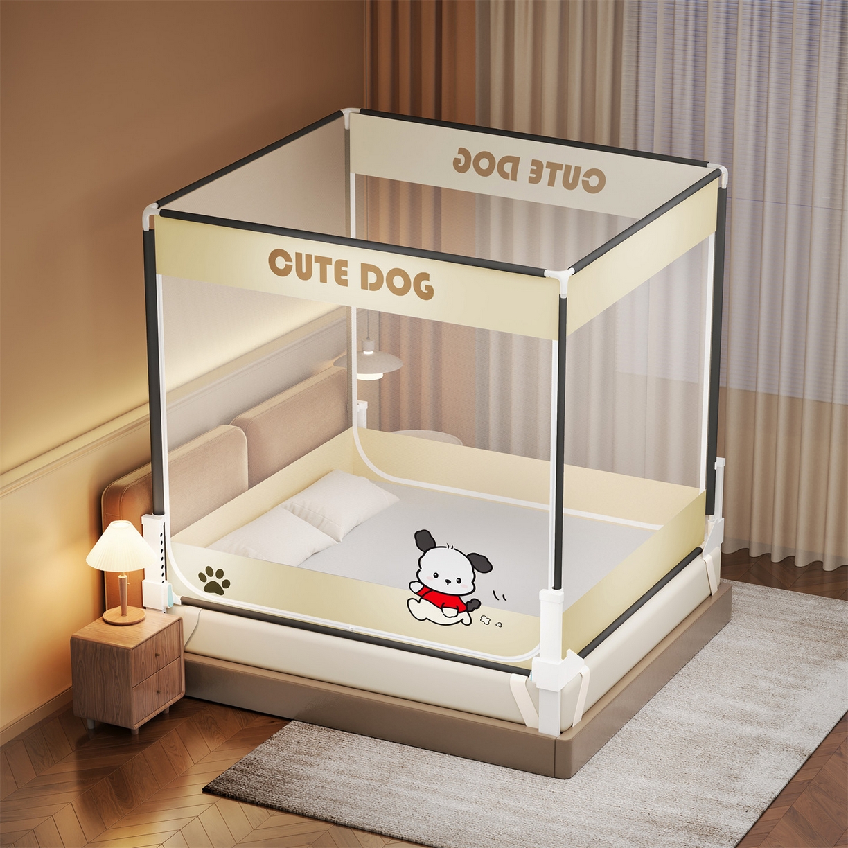 91家纺网 家纺一手货源 找家纺 佳梦家纺 2026春夏新款护栏级防摔坐床蚊帐柠檬烫画系列 洛可可-三门全底款