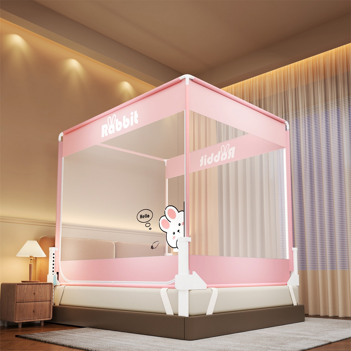 佳梦家纺 2026春夏新款护栏级防摔坐床蚊帐柠檬烫画系列 萌小雅-三门全底款