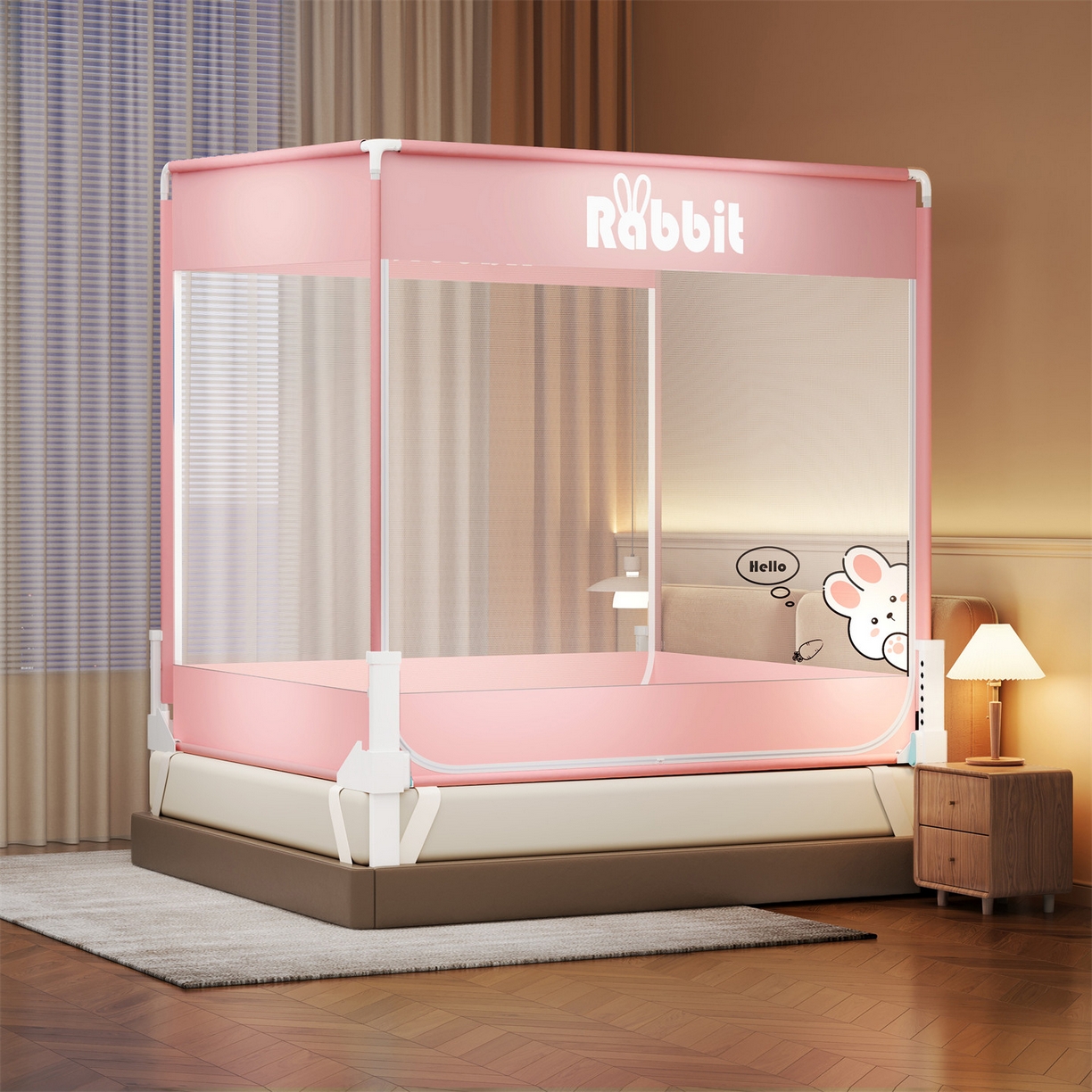 91家纺网 家纺一手货源 找家纺 佳梦家纺 2026春夏新款护栏级防摔坐床蚊帐柠檬烫画系列 萌小雅-三门全底款