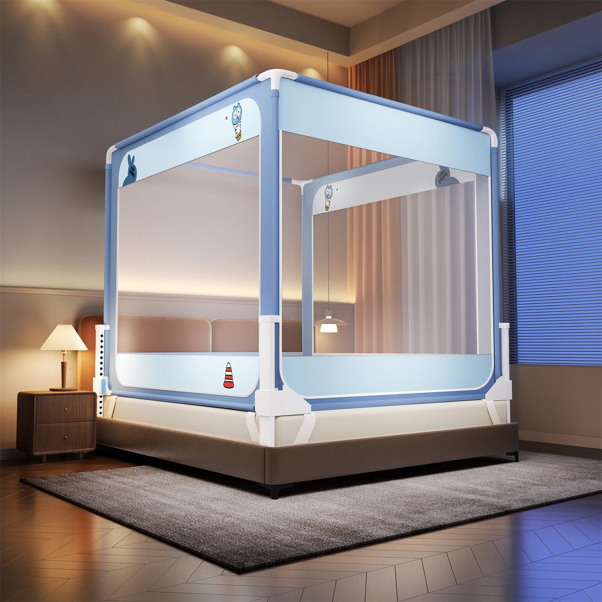 91家纺网 家纺一手货源 找家纺 （总）佳梦家纺 2026春夏新款护栏级防摔坐床蚊帐立柱卡通系列