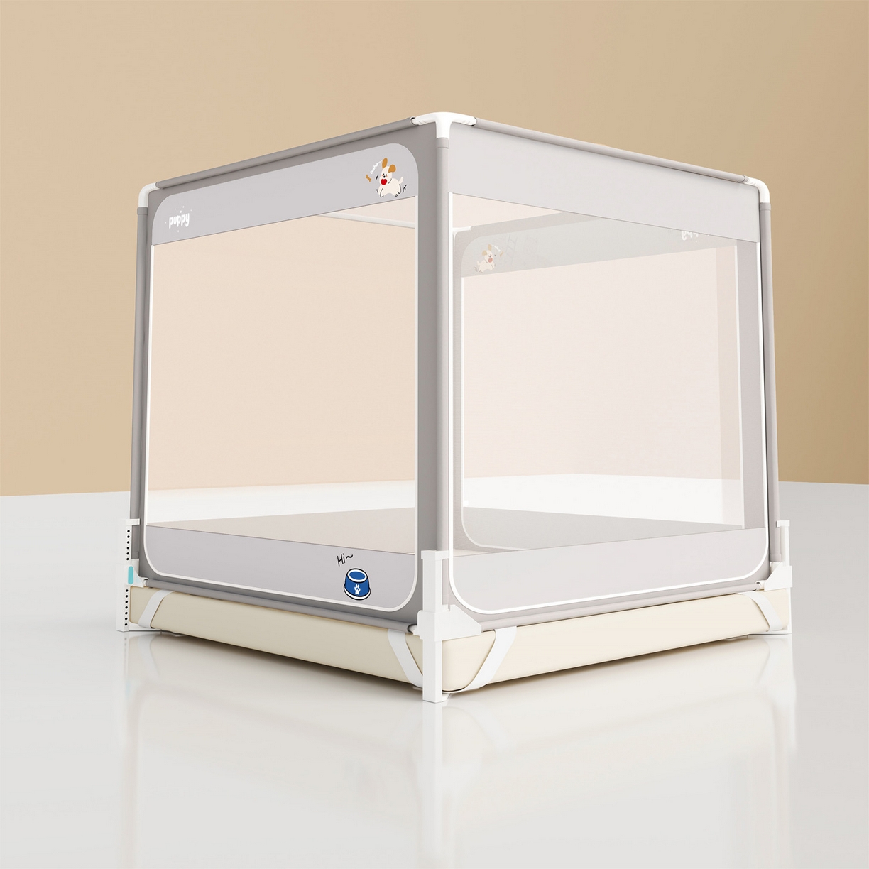 91家纺网 家纺一手货源 找家纺 佳梦家纺 2026春夏新款护栏级防摔坐床蚊帐立柱卡通系列 奔跑小狗-三门全底款