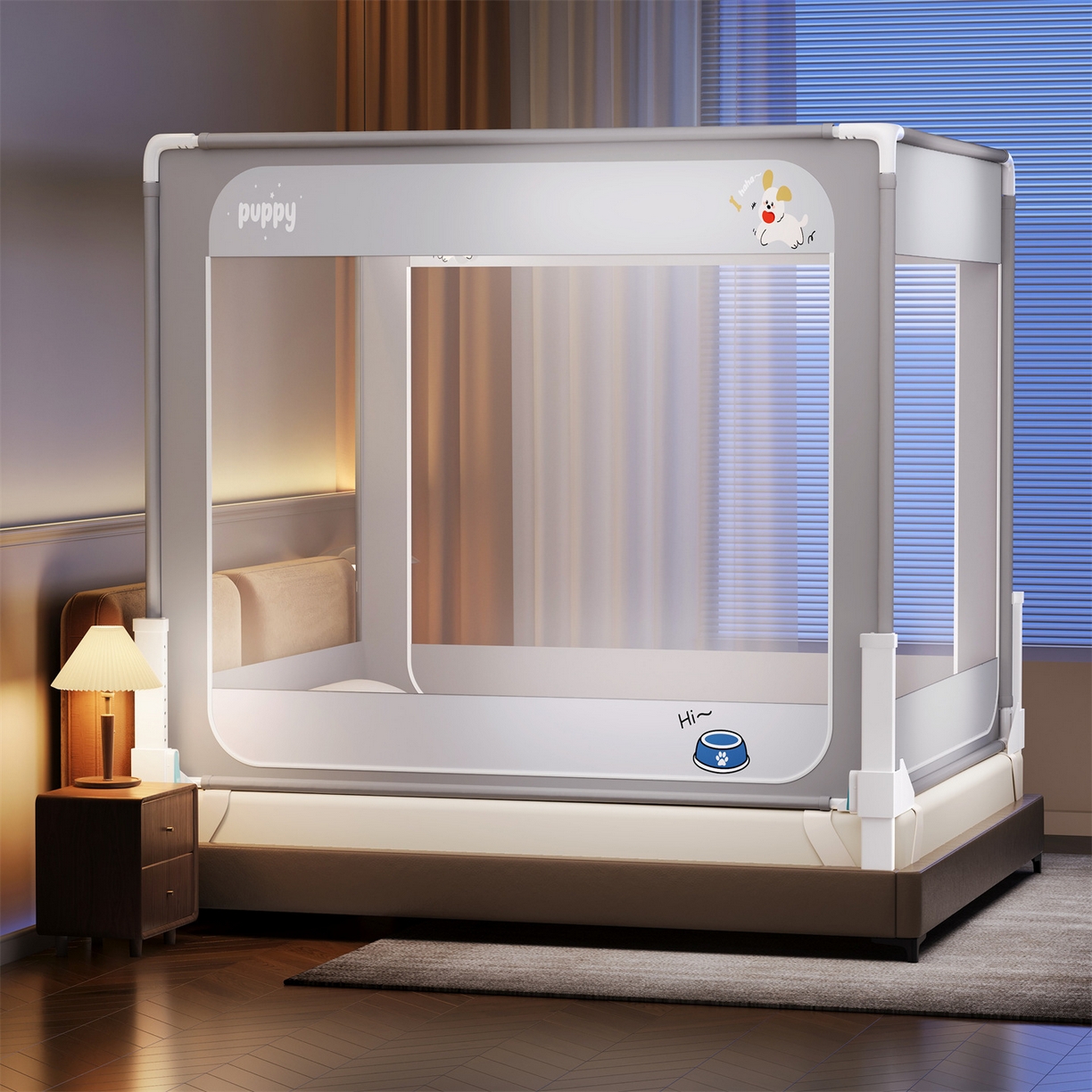 91家纺网 家纺一手货源 找家纺 佳梦家纺 2026春夏新款护栏级防摔坐床蚊帐立柱卡通系列 奔跑小狗-三门全底款