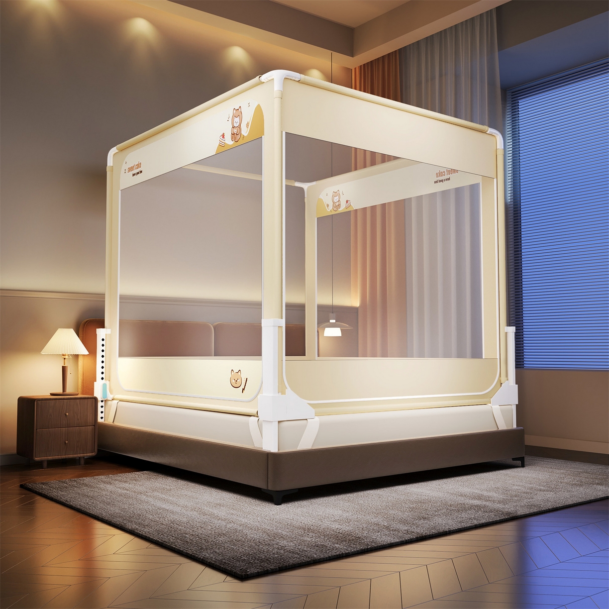 佳梦家纺 2026春夏新款护栏级防摔坐床蚊帐立柱卡通系列 蛋糕熊-三门全底款