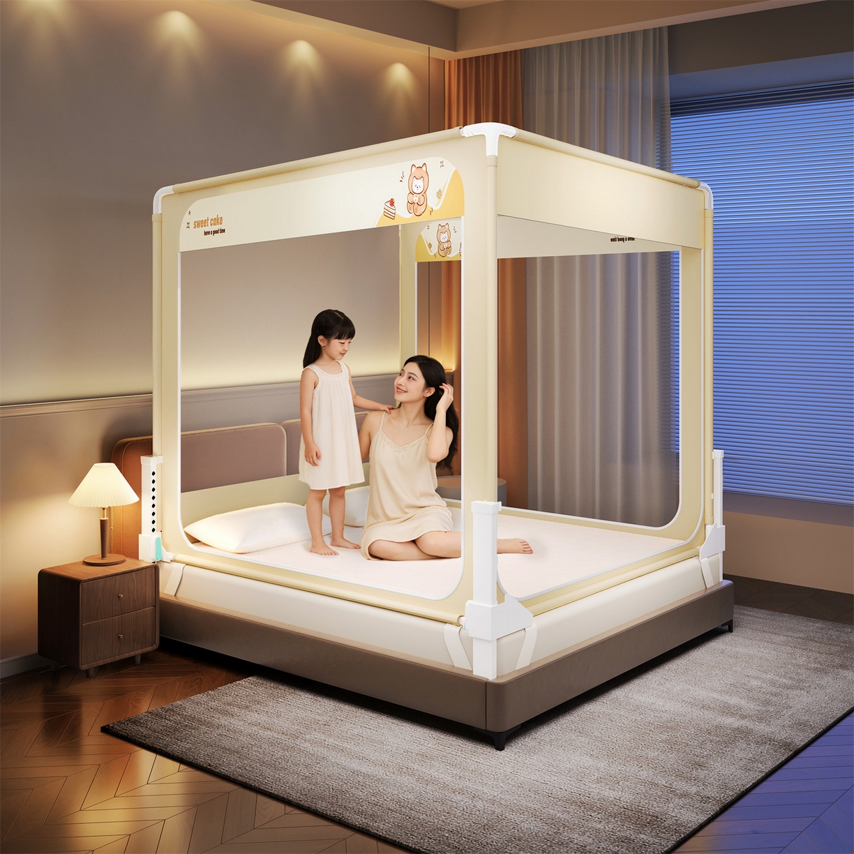 91家纺网 家纺一手货源 找家纺 佳梦家纺 2026春夏新款护栏级防摔坐床蚊帐立柱卡通系列 蛋糕熊-三门全底款