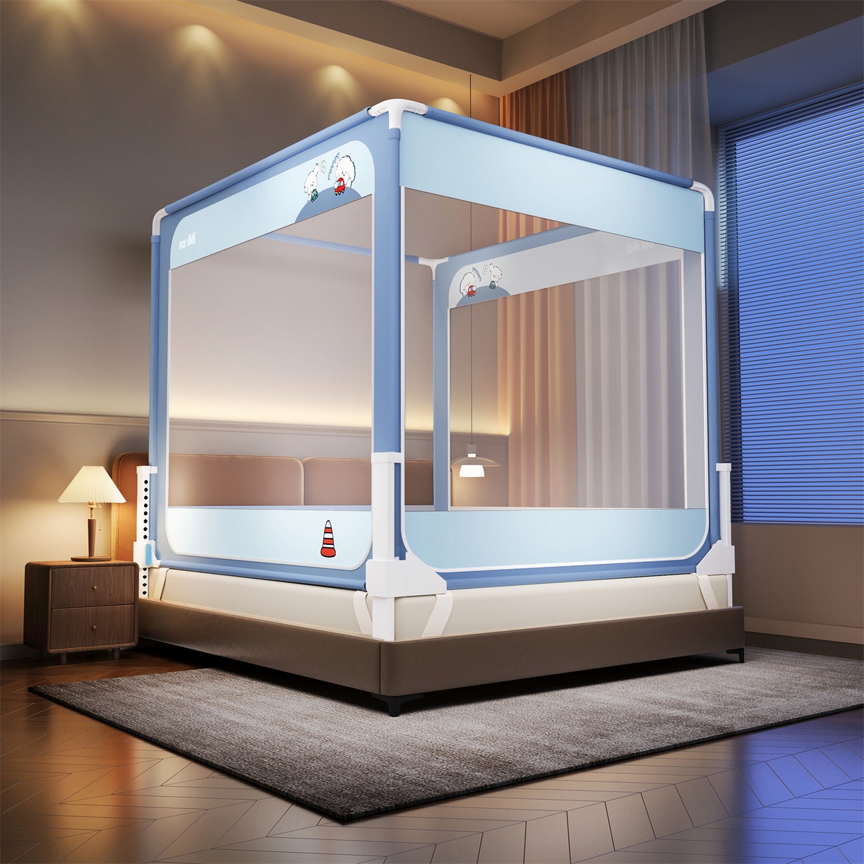 佳梦家纺 2026春夏新款护栏级防摔坐床蚊帐立柱卡通系列 滴滴小狗-三门全底款